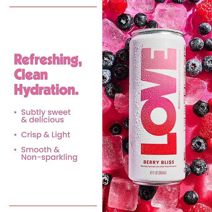 Be LOVE Balanced Electrolyte Beverage with Magnesium, Potassium & Sodium - Purified Still Beverage for Daily Hydration, Exercise, Work & Wellness- Zero Sugar, Gluten Free (Berry Bliss, 12oz x 12ct)