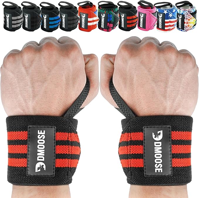 DMoose Fitness Wrist Wraps for Weightlifting 18" - Heavy Duty Gym Wrap with Hand Thumb Loop for Support & Pain Relief, USPA Approved Powerlifting, Weight Lifting Wrist Straps for Men & Women Work Out