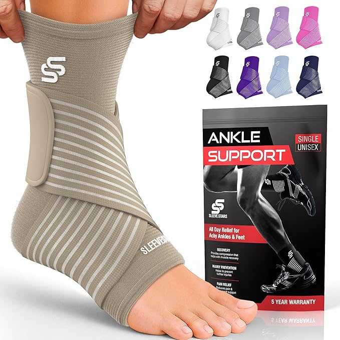 Sleeve Stars Ankle Brace for Women & Men, Ankle Wrap for Sprain, Compression Sleeve for Plantar Fasciitis Relief, Easy Customizable Support: w/ Removable Strap (Single/M:10"-12"/Beige)