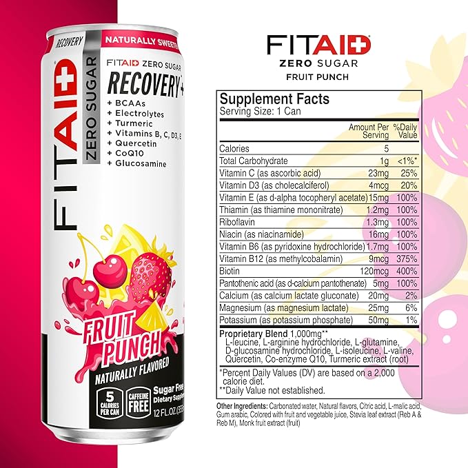 Lifeaid Fitaid Recovery Drink, Fruit Punch, Zero Sugar, Vegan, Kosher, Keto Friendly, Gluten Free, 12 Fluid Ounce (Pack of 12)