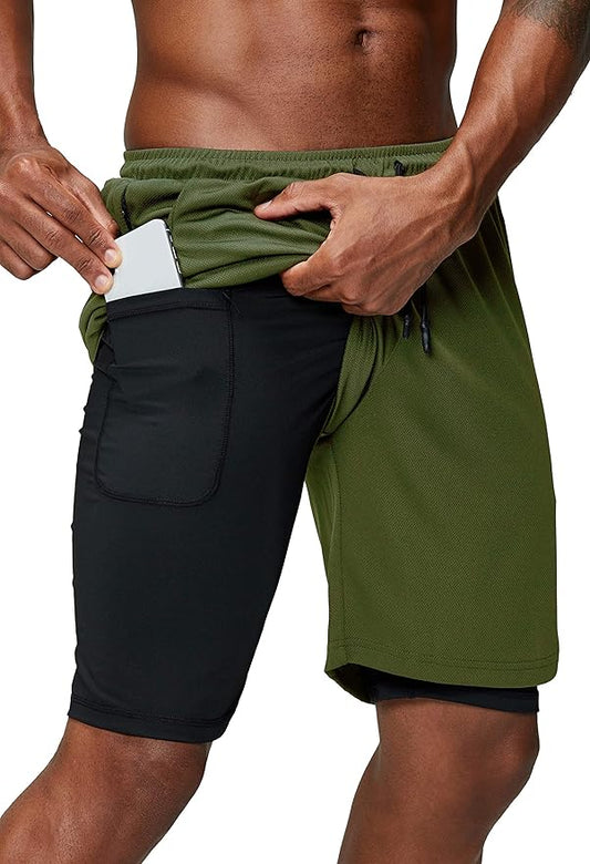 Pinkbomb Men's 2 in 1 Running Shorts Gym Workout Quick Dry Mens Shorts with Phone Pocket