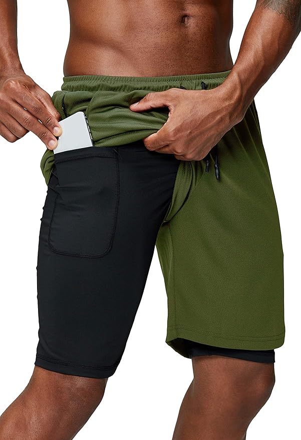 Pinkbomb Men's 2 in 1 Running Shorts Gym Workout Quick Dry Mens Shorts with Phone Pocket