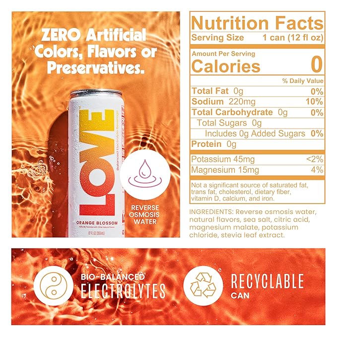 Be LOVE Balanced Electrolyte Beverage with Magnesium, Potassium & Sodium - Purified Still Beverage for Daily Hydration, Exercise, Work & Wellness- Zero Sugar, Gluten Free (Orange Blossom, 12oz x 12ct)