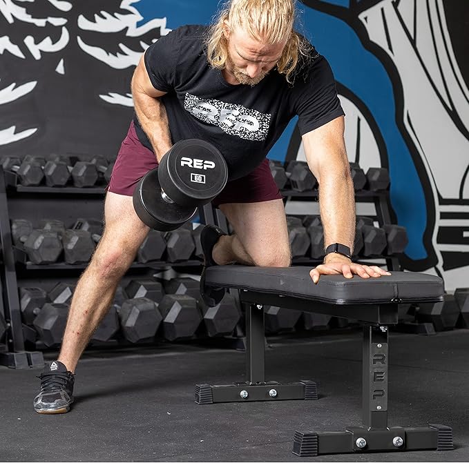 REP Fitness Flat Weight Bench, Heavy Duty Workout Bench For Home Gym, Folding Fitness Equipment For Strength Training, Adjustable Utility Platform For Dumbbells, Barbell, Lifting And Core Exercises