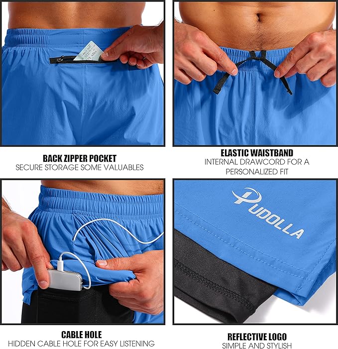 Pudolla Men’s 2 in 1 Running Shorts 5" Quick Dry Gym Athletic Workout Shorts for Men with Phone Pockets