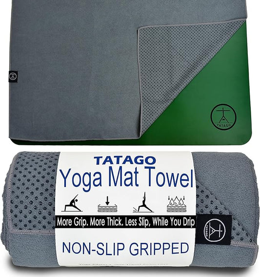 Tatago Hot Yoga Mat Towel Non Slip for Hot Yoga (72 inch) Our Hot Yoga Towel Non Slip Silicone Dabs & Absorbent Microfiber Blend Gives You More Grip As You Drip (Nube Gris-72, Standard - 72")