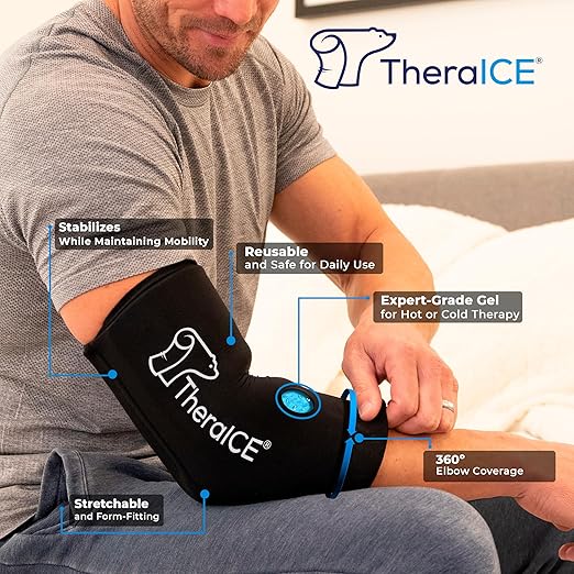 TheraICE Elbow Ice Pack Compression Sleeve for Injuries, Reusable Gel Cold Packs Brace, Shin Splints, Calf Strain, Flexible Cold Wrap Recovery for Tennis Elbow, Tendinitis Pain Relief (L/XL)
