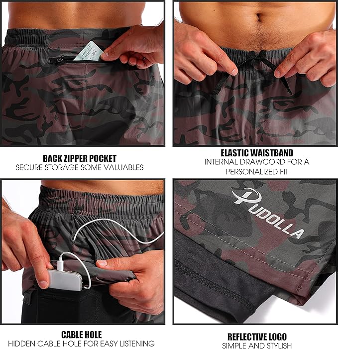 Pudolla Men’s 2 in 1 Running Shorts 5" Quick Dry Gym Athletic Workout Shorts for Men with Phone Pockets