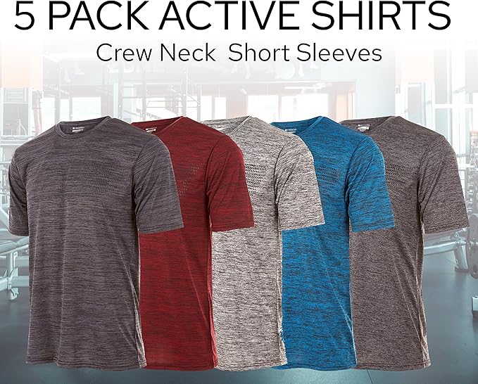 Mens Active T-Shirt - Quick-Dry Athletic Workout Training Crew Neck Short Sleeve Top 5 Pack