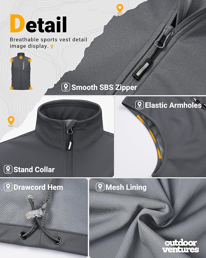 Outdoor Ventures Men's Windproof Softshell Vest Outerwear Lightweight Sleeveless Jacket for Running Golf Hiking Travel