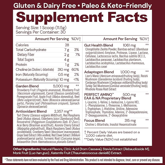 BodyHealth Reds Enhanced with PerfectAmino - Daily Superfood Smoothie Powder with Antioxidants, Adaptogens, Phytonutrients, Fruit, Prebiotics, Probiotics, Fiber, and Protein - 30 Servings