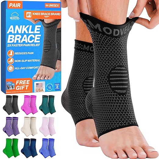 Modvel Foot & Ankle Brace Socks for Sprained Ankle Compression Sleeve - Plantar Fasciitis Relief Brace, Foot Support for pain Women & Men - Tendonitis & Arthritis Feet Sleeve, Stabilizing Ankles Wrap