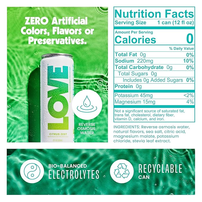 Be LOVE Balanced Electrolyte Beverage with Magnesium, Potassium & Sodium - Purified Still Beverage for Daily Hydration, Exercise, Work & Wellness- Zero Sugar, Gluten Free (Citrus Zest, 12oz x 12ct)