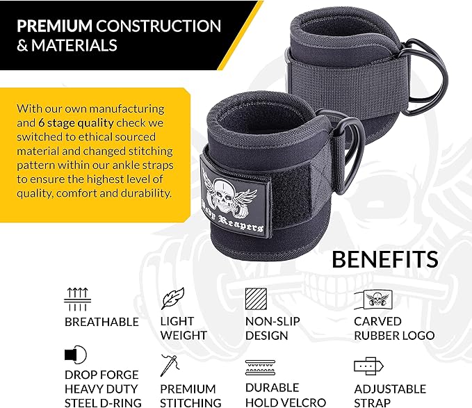 Body Reapers Gym Ankle Strap for Cable Machine with Adjustable Velcro, Durable Double D-Rings & Cushioned Design for Glute, Leg & Lower Body Exercises, Comfortable Workout Straps & Ankle Cuff
