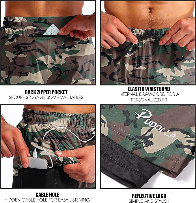 Pudolla Men’s 2 in 1 Running Shorts 5" Quick Dry Gym Athletic Workout Shorts for Men with Phone Pockets