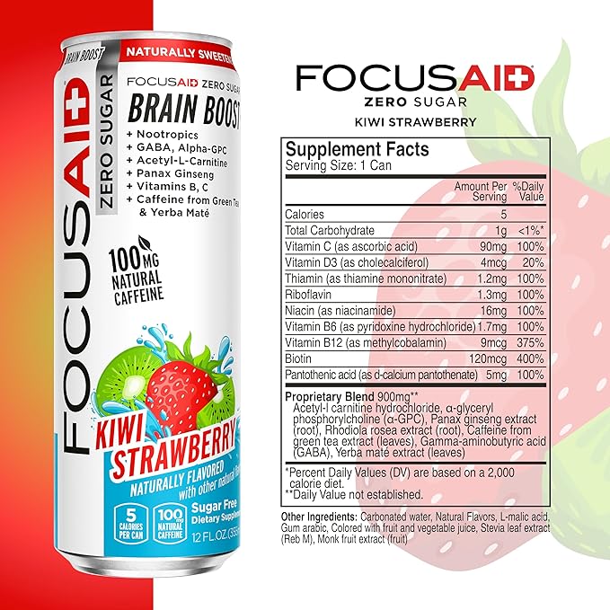 FOCUSAID ZERO SUGAR Nootropics Blend, Alpha-GPC, GABA, 100mg Natural Caffeine from Green Tea, Yerba Mate, Vitamin B-Complex, Keto-Friendly, No Artificial Sweeteners, 12 Fl Oz (Pack of 12)