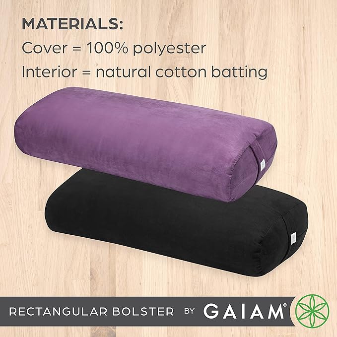 Gaiam Round Yoga Bolster Pillow, Soft Meditation Cushion for Yoga, Massage and Back Support, Breathable Cotton Fill, Zippered Microfiber Cover, Easy-Carry Handle, Machine Washable