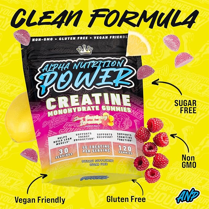 Creatine Monohydrate Gummies 5g - Sour Raspberry Lemonade Flavored Creatine for Men and Women - Supplement Supports Muscle Growth, Energy, Pre and Post Workout, Focus & Cognition, Recovery (120 Count)