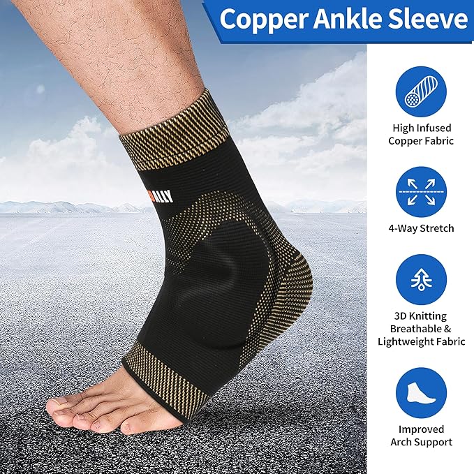 NeoAlly Copper Ankle Support Brace Compression Sleeve with Silicone Gel Reduce Foot Swelling Pain Relief from Plantar Fasciitis and Achilles Tendon (Small - 1 Pair)