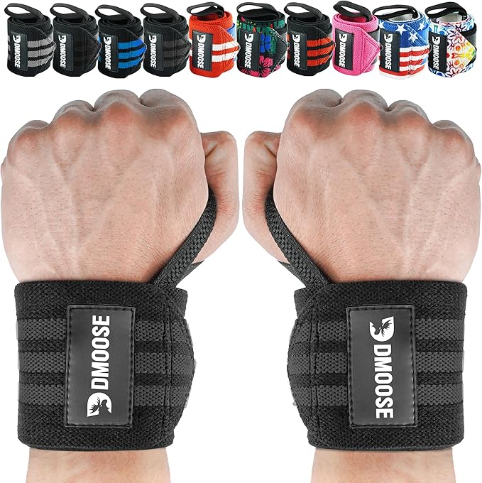 DMoose Fitness Wrist Wraps for Weightlifting 18" - Heavy Duty Gym Wrap with Hand Thumb Loop for Support & Pain Relief, USPA Approved Powerlifting, Weight Lifting Wrist Straps for Men & Women Work Out