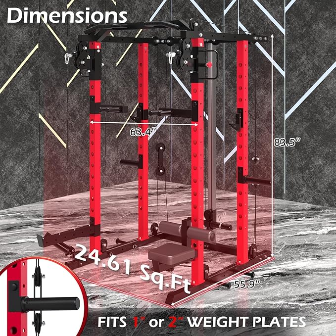 Power Squat Rack Cage Home Gym, 2000lbs All in One Dual Cable Crossover Machine with LAT Pulldown Strength Training Power Cages with Pulley Workout System, Garage Bench Press