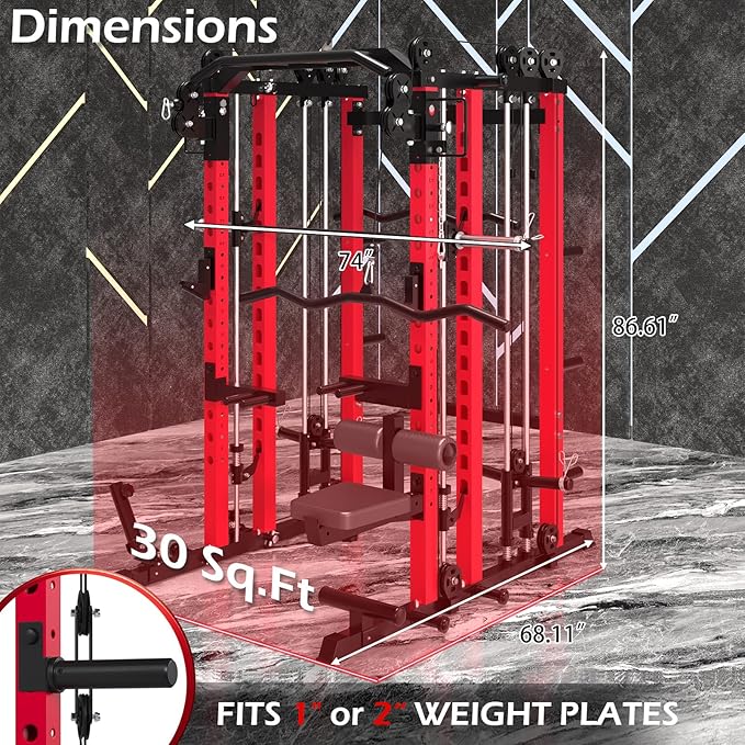 Power Squat Rack Cage Home Gym, 2000lbs All in One Dual Cable Crossover Machine with LAT Pulldown Strength Training Power Cages with Pulley Workout System, Garage Bench Press
