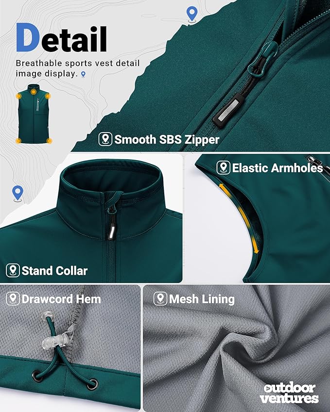 Outdoor Ventures Men's Windproof Softshell Vest Outerwear Lightweight Sleeveless Jacket for Running Golf Hiking Travel