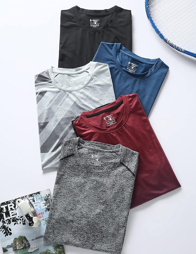 5 Pack Men’s Active Quick Dry Crew Neck T Shirts | Athletic Running Gym Workout Short Sleeve Tee Tops Bulk