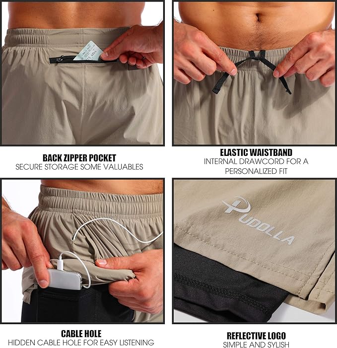 Pudolla Men’s 2 in 1 Running Shorts 5" Quick Dry Gym Athletic Workout Shorts for Men with Phone Pockets