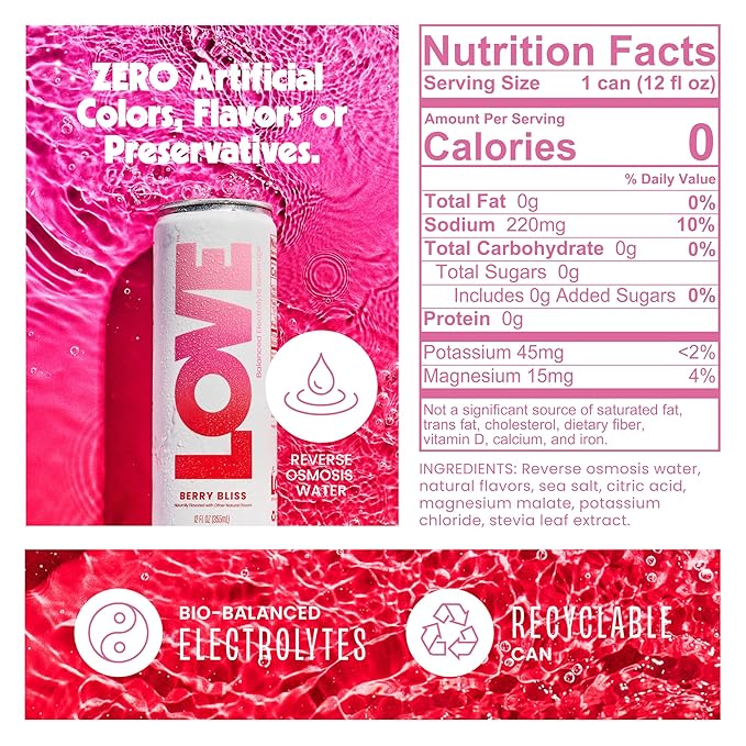 Be LOVE Balanced Electrolyte Beverage with Magnesium, Potassium & Sodium - Purified Still Beverage for Daily Hydration, Exercise, Work & Wellness- Zero Sugar, Gluten Free (Berry Bliss, 12oz x 12ct)