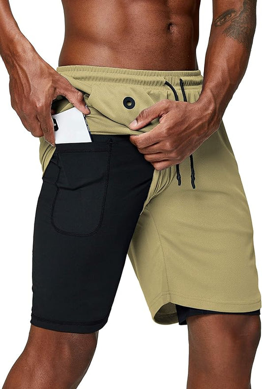 Pinkbomb Men's 2 in 1 Running Shorts Gym Workout Quick Dry Mens Shorts with Phone Pocket