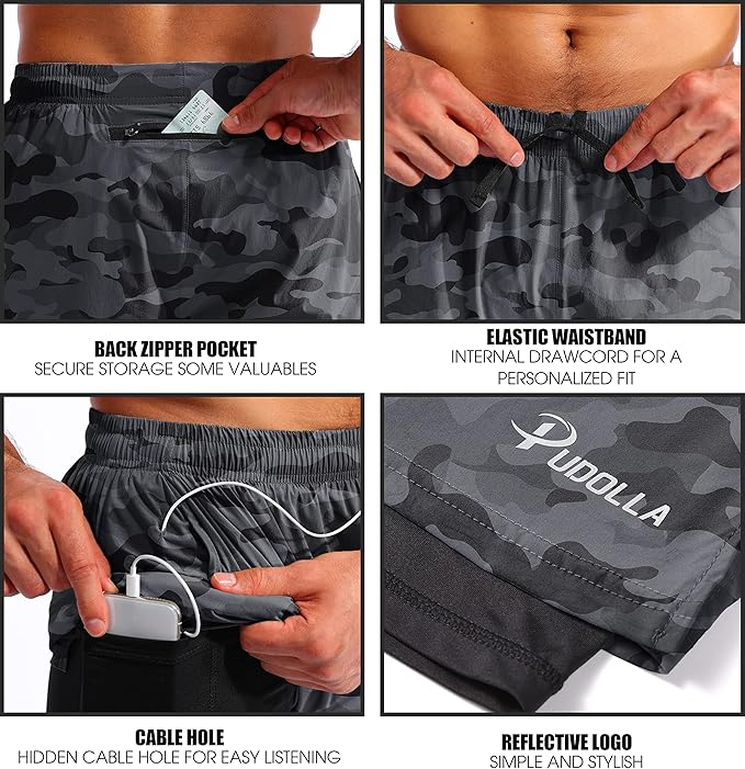 Pudolla Men’s 2 in 1 Running Shorts 5" Quick Dry Gym Athletic Workout Shorts for Men with Phone Pockets