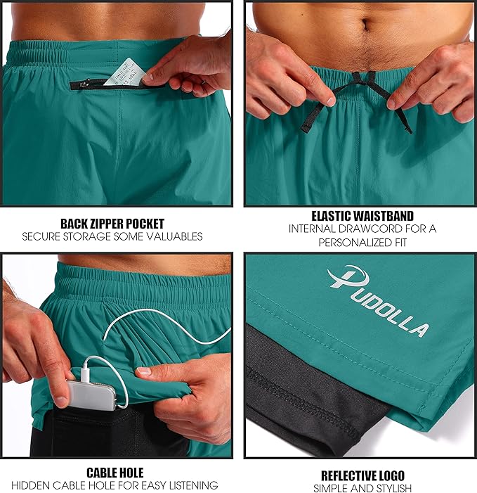 Pudolla Men’s 2 in 1 Running Shorts 5" Quick Dry Gym Athletic Workout Shorts for Men with Phone Pockets