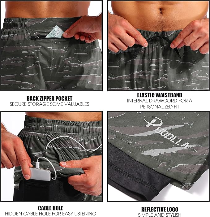 Pudolla Men’s 2 in 1 Running Shorts 5" Quick Dry Gym Athletic Workout Shorts for Men with Phone Pockets