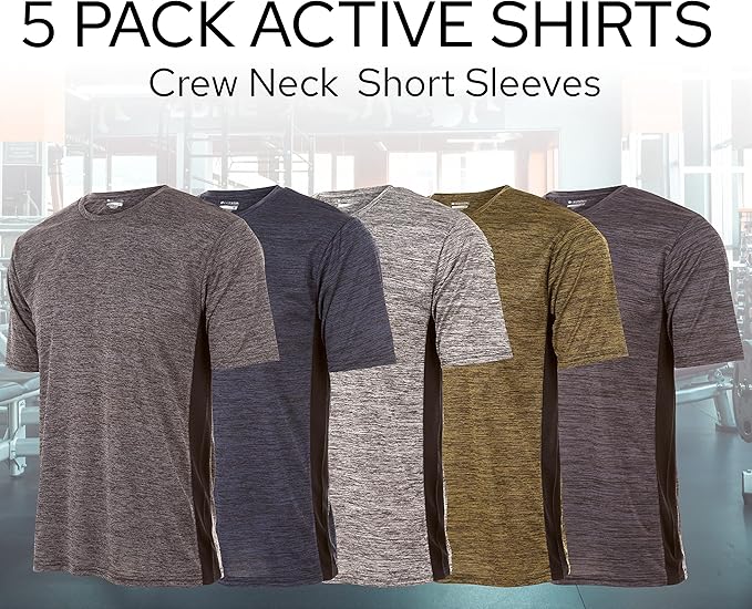 Mens Active T-Shirt - Quick-Dry Athletic Workout Training Crew Neck Short Sleeve Top 5 Pack