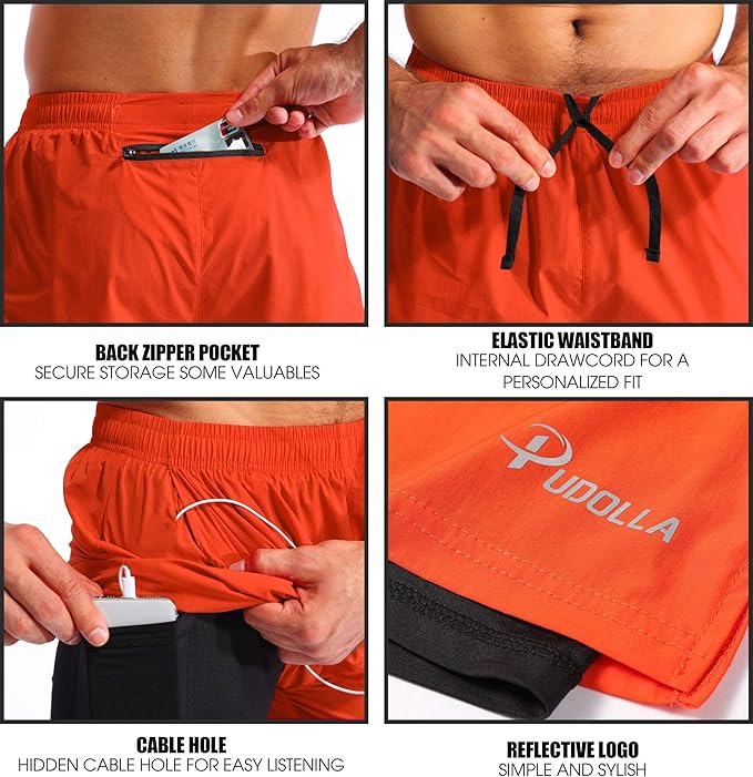 Pudolla Men’s 2 in 1 Running Shorts 5" Quick Dry Gym Athletic Workout Shorts for Men with Phone Pockets