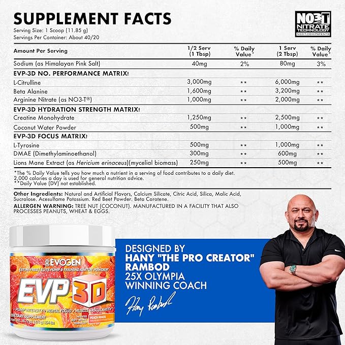Evogen EVP-3D | Extreme Pre-Workout Pump Ignitor, Arginine Nitrate, Citrulline, Beta-Alanine, Lions Mane | Peach Rings | 40 Servings