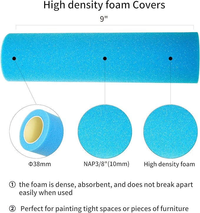 Voomey 9 Inch Foam Paint Roller 3 Pack, High Density Sponge Paint Rollers for Smooth Wall and Furniture Finishing, Reusable Paint Tools for Home DIY and Professional Use