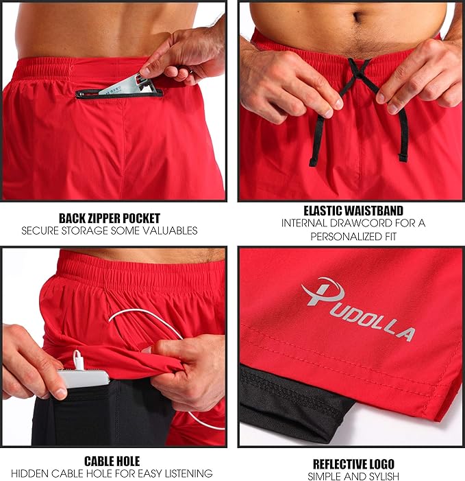Pudolla Men’s 2 in 1 Running Shorts 5" Quick Dry Gym Athletic Workout Shorts for Men with Phone Pockets