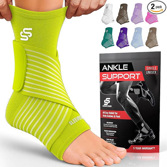 Sleeve Stars Ankle Brace for Women & Men, Ankle Wrap for Sprain, Compression Sleeve for Plantar Fasciitis Relief, Easy Customizable Support: w/ Removable Strap (Pair/M:10"-12"/Neon Green)