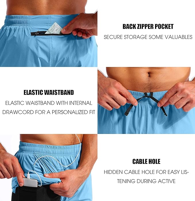 Pudolla Men’s 2 in 1 Running Shorts 5" Quick Dry Gym Athletic Workout Shorts for Men with Phone Pockets