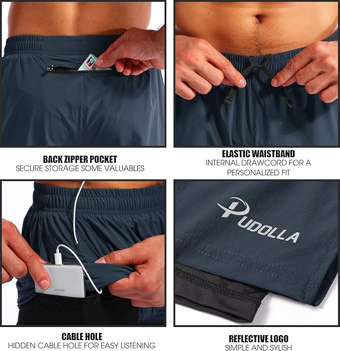 Pudolla Men’s 2 in 1 Running Shorts 5" Quick Dry Gym Athletic Workout Shorts for Men with Phone Pockets