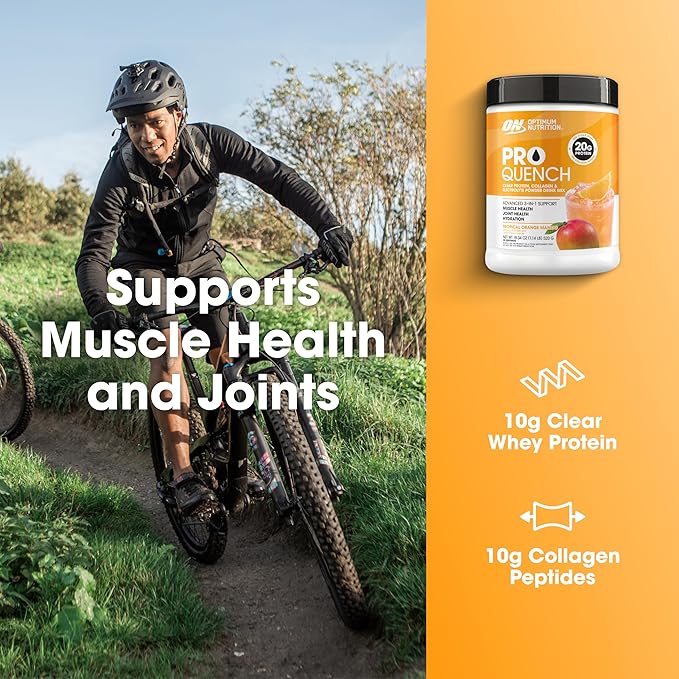 Optimum Nutrition Pro Quench, 10g Clear Protein, 10g Collagen peptides & Electrolyte Powder Drink Mix, Tropical Orange Mango, 20 Servings, 520 Grams (Packaging May Vary)