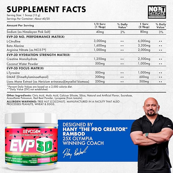 Evogen EVP 3D - Stim Free Pre Workout Powder for Men & Women | Sugar Free Non Stim Preworkout with Beta Alanine and Creatine for Energy & Pump | Sour Watermelon | 40 Servings