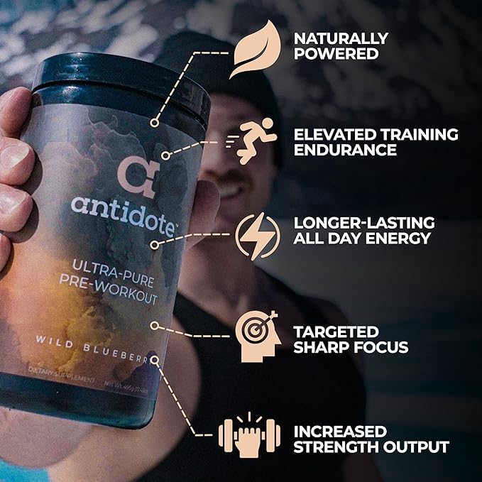 Antidote Clean Pre-Workout Powder - Natural Energy & Focus Booster with Beetroot, Creatine & Beta-Alanine - No Artificial Additives - Vegan, Keto-Friendly Supplement - Wild Blueberry - 20 Servings