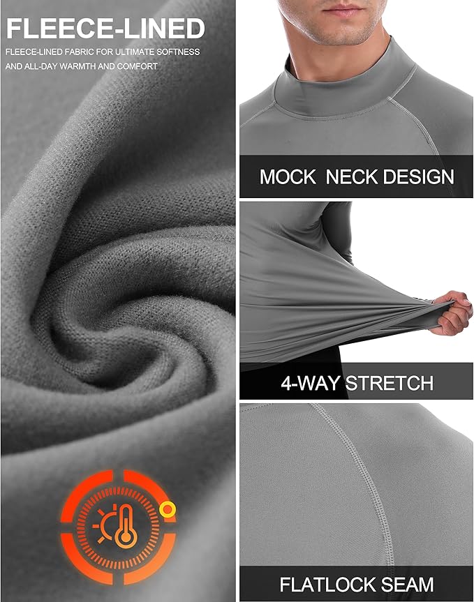 Men's Thermal Compression Shirts, Long Sleeve Fleece Lined Turtleneck Undershirt, Cold Weather Ski Base Layer Tops