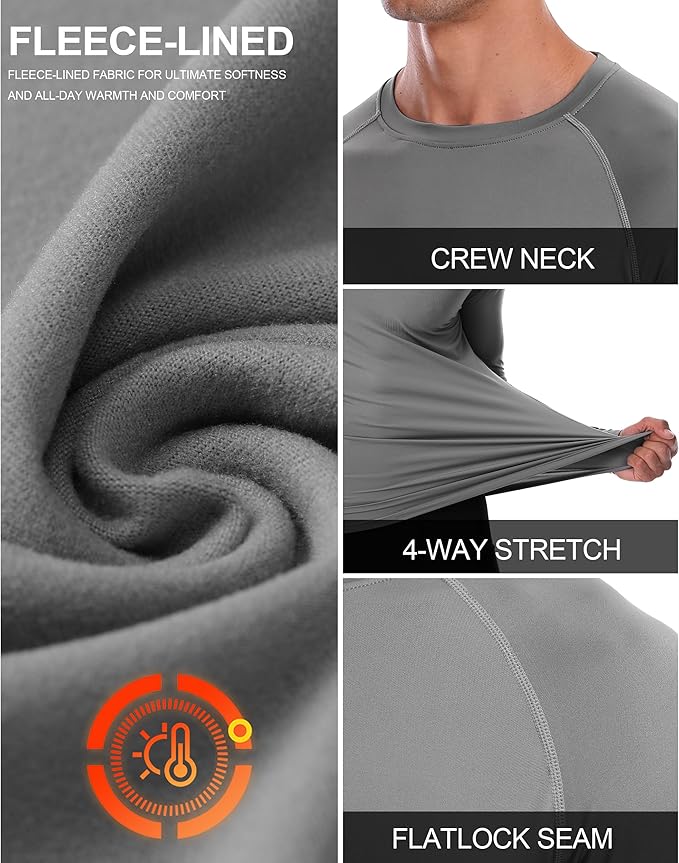 Mens Thermal Compression Shirts, Warm Long Sleeve Fleece Lined Tops Athletic Base Layer for Running Cold Weather