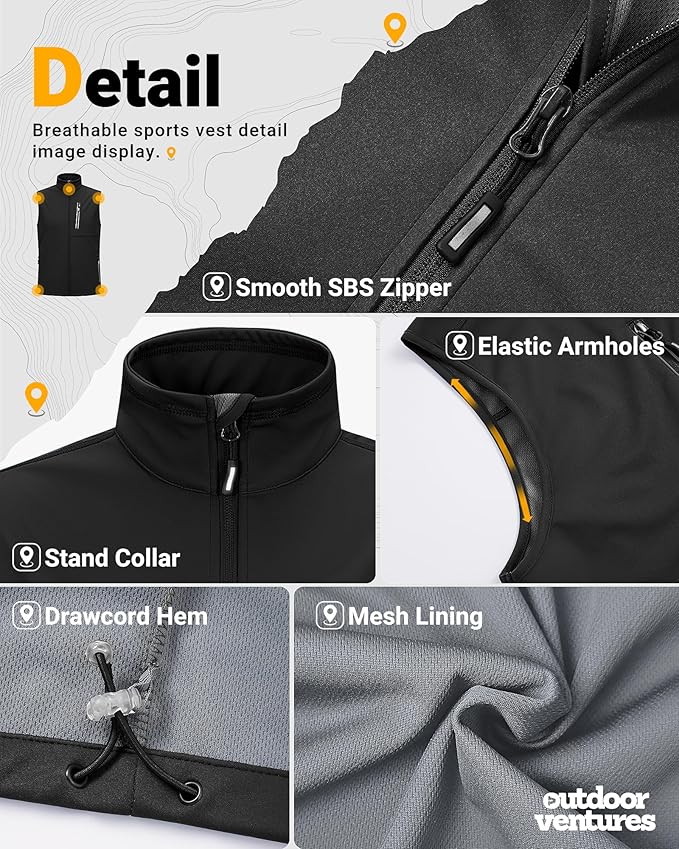 Outdoor Ventures Men's Windproof Softshell Vest Outerwear Lightweight Sleeveless Jacket for Running Golf Hiking Travel