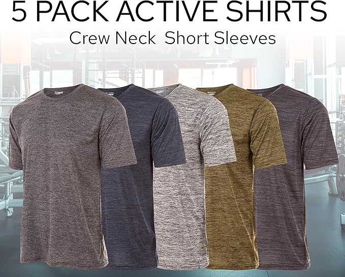 Mens Active T-Shirt - Quick-Dry Athletic Workout Training Crew Neck Short Sleeve Top 5 Pack