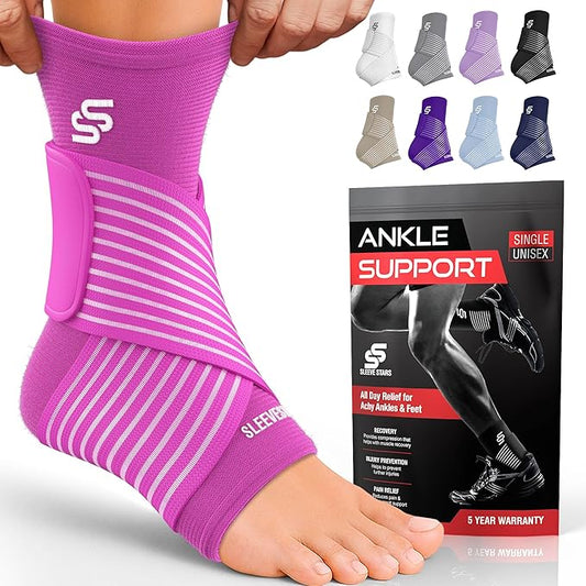 Sleeve Stars Ankle Brace for Women & Men, Ankle Wrap for Sprained, Compression Sleeve for Plantar Fasciitis Relief, Easy Customizable Support: w/ Removable Strap (Single/M:10"-12"/Hot Pink)